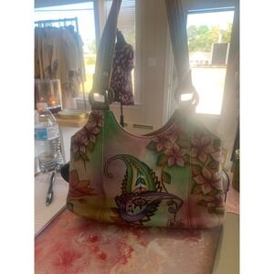 Anuschka Hand Painted Leather Shoulder Bag Floral Paisley Green Purple Hobo